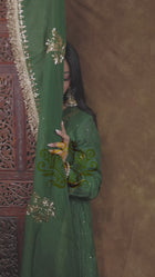 Mul Chanderi and Organza Silk Pitta Work Set in Dark Forest Green