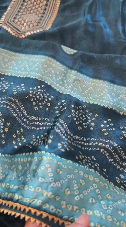 Gajji Silk Bandhani Print Ready to Wear Set in Deep Teal Blue