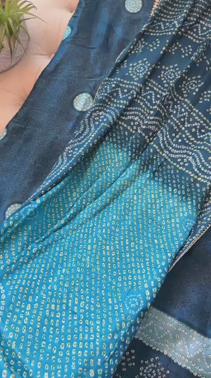 Gajji Silk Bandhani Print Ready to Wear Set in Deep Teal Blue