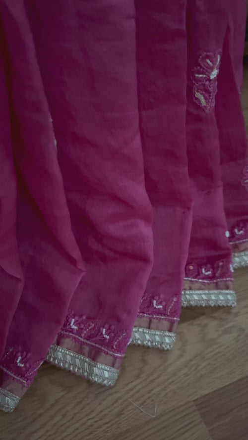 Chanderi Silk Chikankari Saree- Magenta