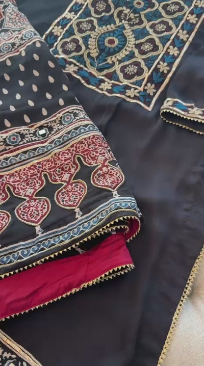 Black Ajrakh & Chikankari Suit Set – A Celebration of Two Timeless Indian Crafts