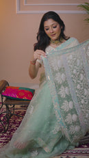 Pure Organza Saree with Chikankari: Pista Green