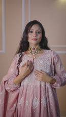 Mul Chanderi Gown Style Chikankari Set with Banarasi Weaving- Ombre Chocolate