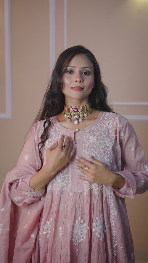 Mul Chanderi Gown Style Chikankari Set with Banarasi Weaving- Ombre Chocolate