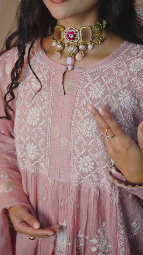 Mul Chanderi Gown Style Chikankari Set with Banarasi Weaving- Ombre Chocolate