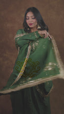Mul Chanderi and Organza Silk Pitta Work Set in Dark Forest Green