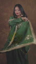 Mul Chanderi and Organza Silk Pitta Work Set in Dark Forest Green