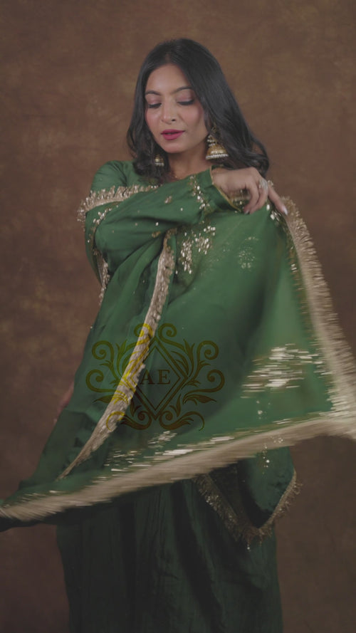Mul Chanderi and Organza Silk Pitta Work Set in Dark Forest Green