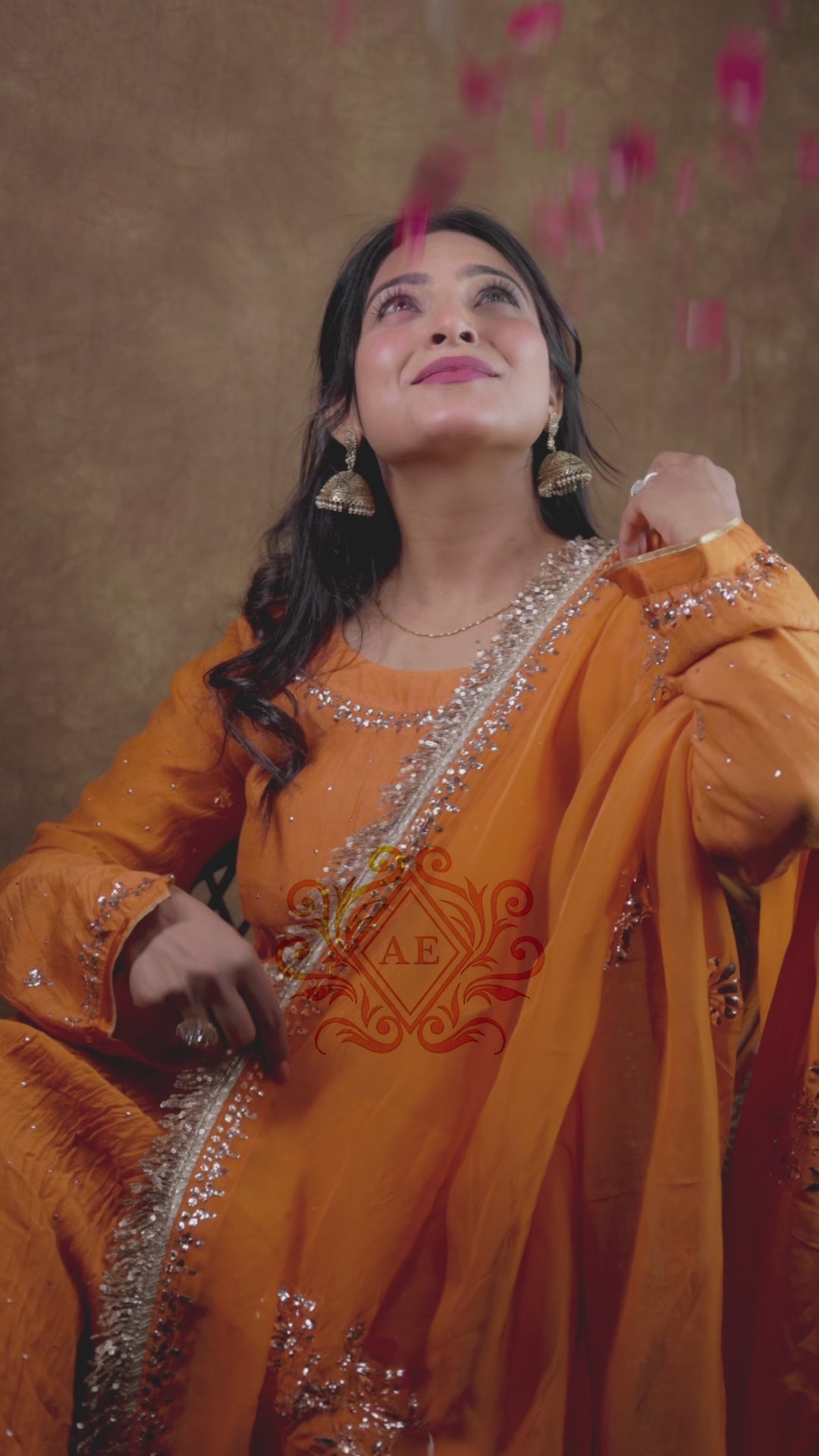 Load video: Mul Chanderi and Organza Silk Pitta Work Set in Burnt Orange
