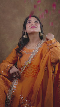 Mul Chanderi and Organza Silk Pitta Work Set in Burnt Orange