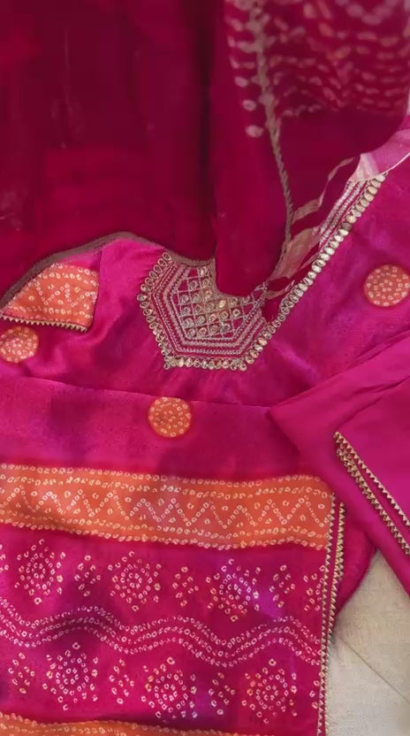 Gajji Silk Bandhani Print Ready to Wear Set- Majenta