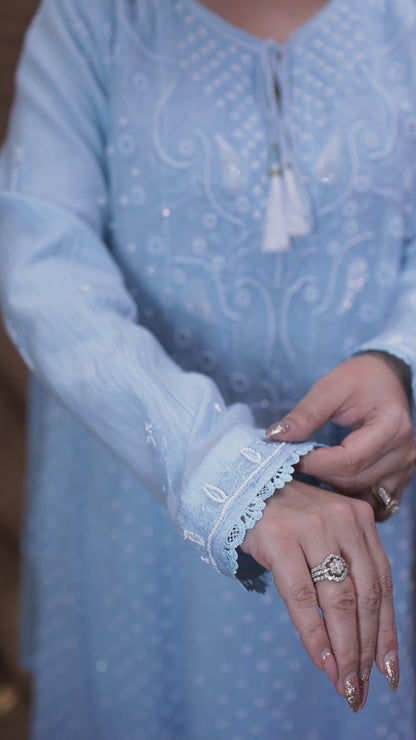 Mul Chanderi Chikankari Anarkali in Powder Blue