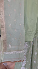 Mul Chanderi Gown Style Chikankari Set with Banarasi Weaving- Light Green