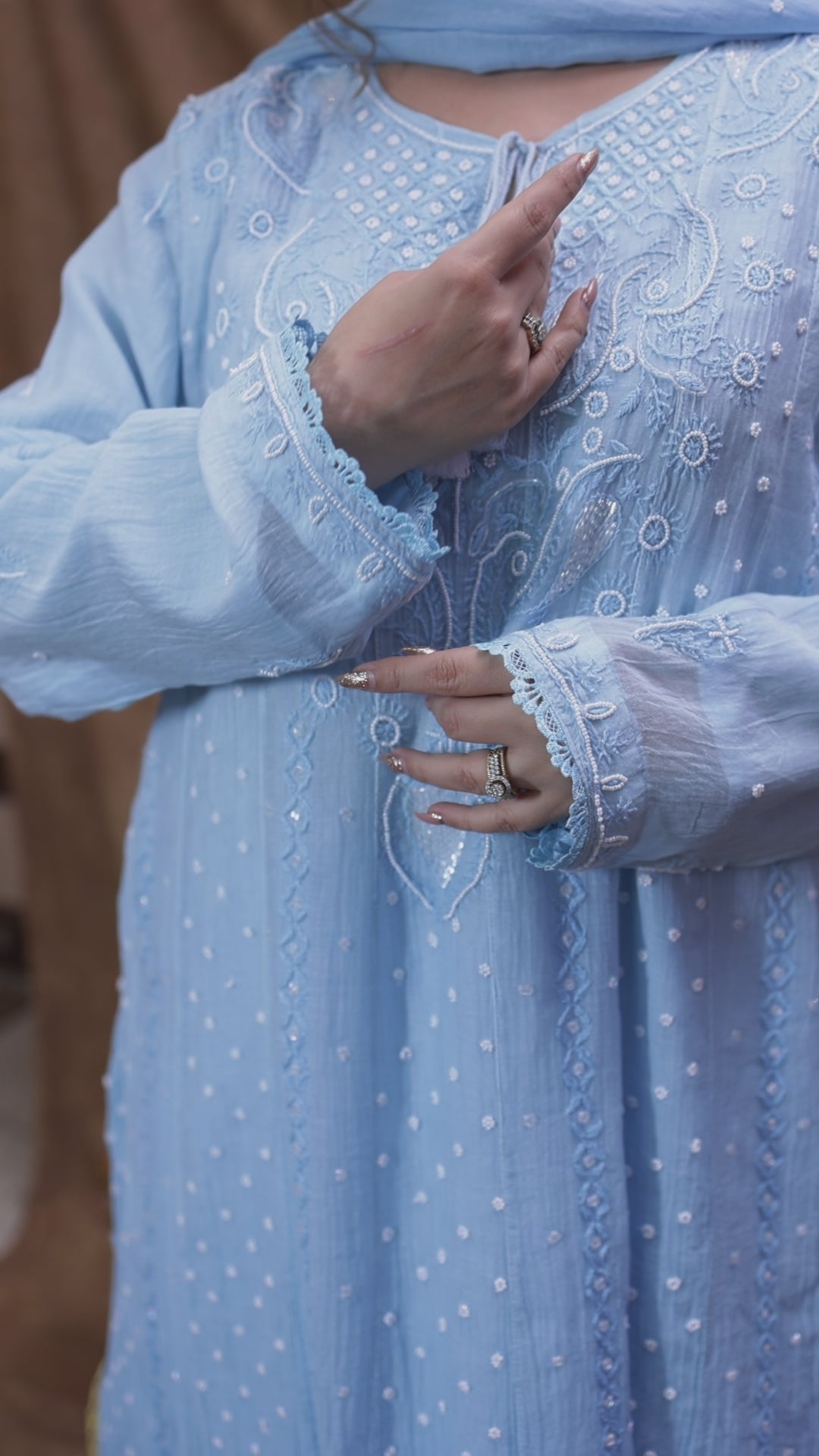 Mul Chanderi Chikankari Anarkali in Powder Blue
