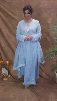 Mul Chanderi Chikankari Anarkali in Powder Blue