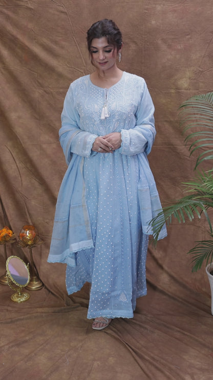Mul Chanderi Chikankari Anarkali in Powder Blue