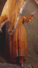 Mul Chanderi and Organza Silk Pitta Work Set in Burnt Orange