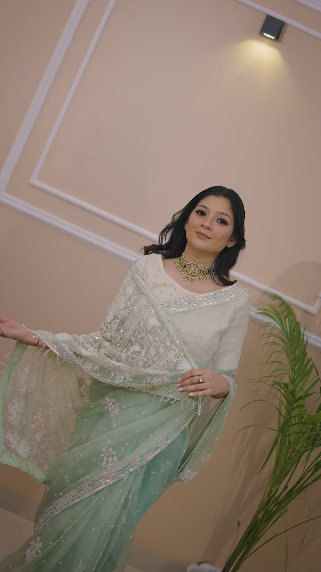 Pure Organza Saree with Chikankari: Pista Green