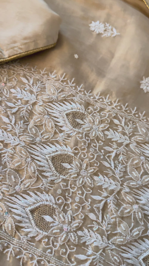 SAHAR: Tissue Silk Chikankari suit set