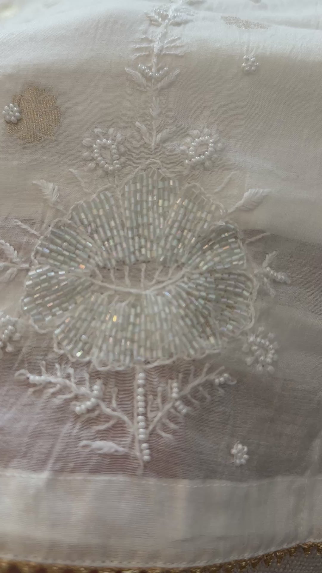 Mul Chanderi Chikankari Anarkali with Banarasi bootis, pearl & cutdana embellishments- Ivory