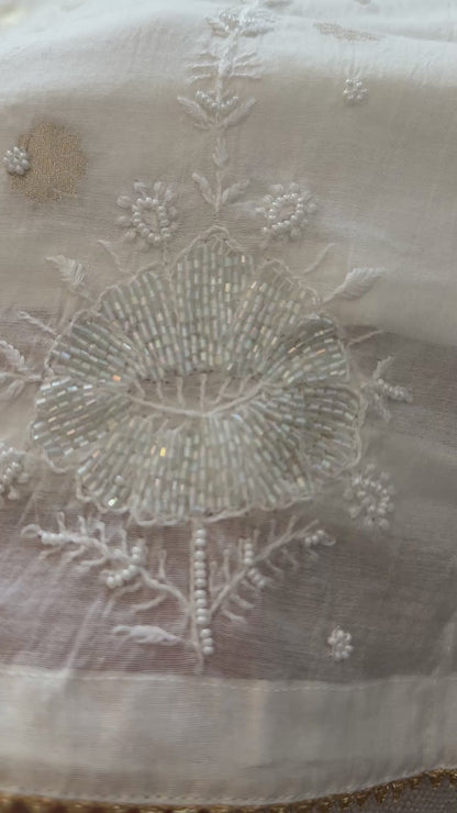 Mul Chanderi Chikankari Anarkali with Banarasi bootis, pearl & cutdana embellishments- Ivory